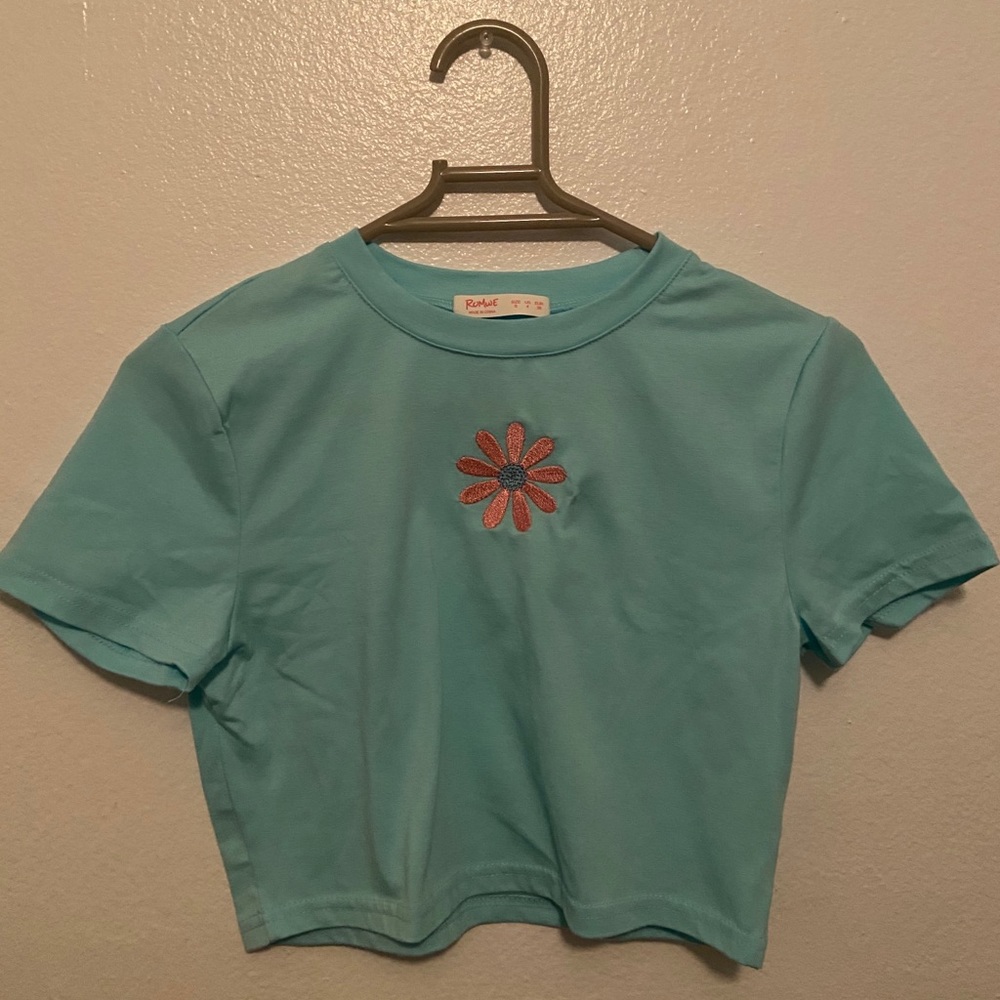 Cropped mint blue embroidered tee.